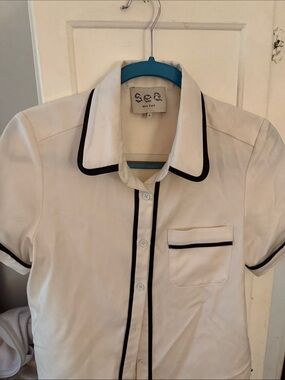 Sea New York White Short-Sleeve Button-Down Shirt with Black Piping